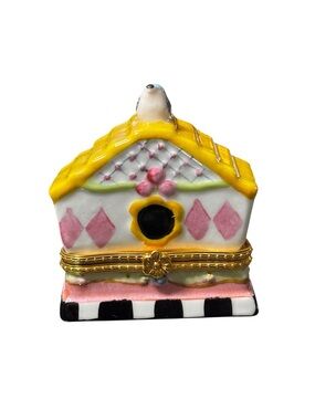 CBK Ltd. Vintage ceramic birdhouse hinged trinket box, bluebird. 1996